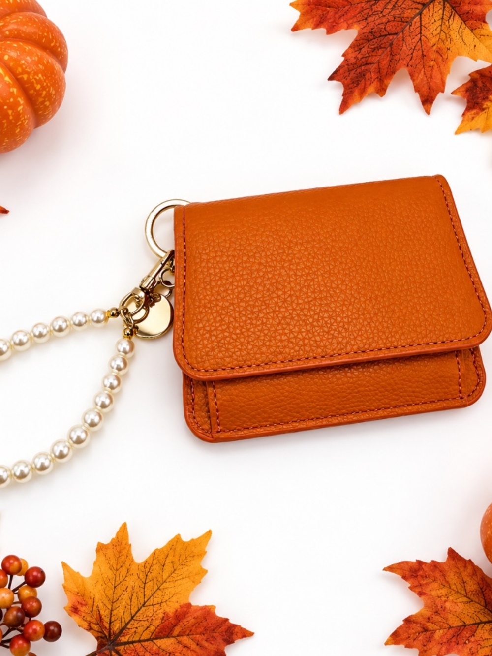 Cute Autumn Wallet w/ Faux Pearl Keychain Strap